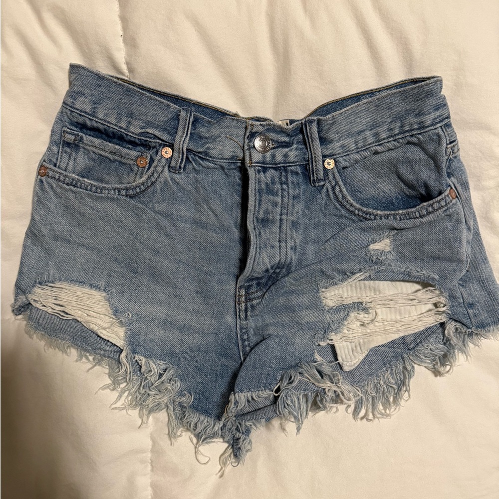 Free People Blue Distressed Jean Shorts
